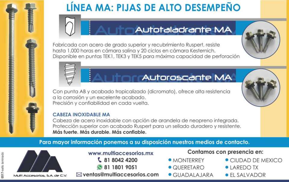 Autotaladrante MA, fabricada con acero de grado superior y recubrimiento Ruspert Autoroscante MA, con punta AB y acabado tropicalizado con alta resistencia a la corrosion Cabeza inoxidable MA de acero