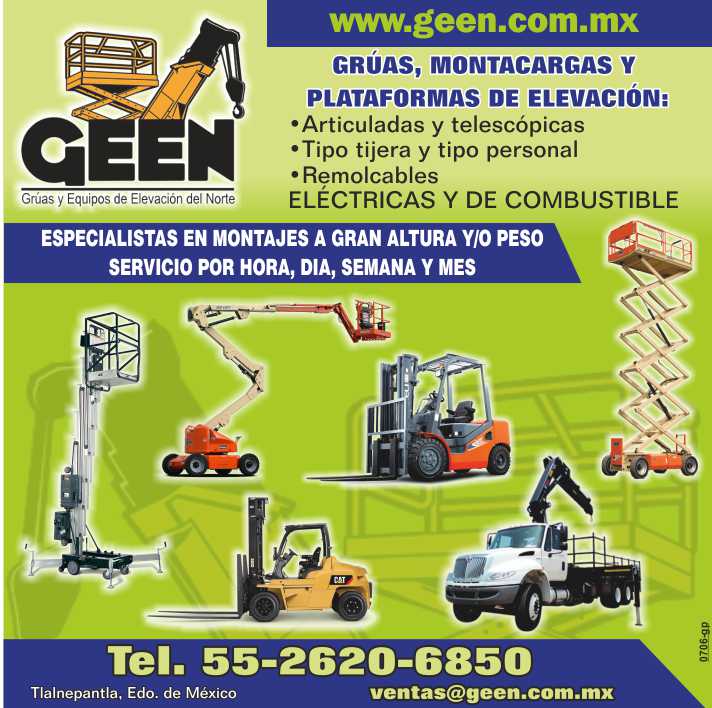 Gruas, Montacargas y Plataformas de Elevacion, Articuladas, Telescopicas, Tipo tijera y tipo personal, Remolcables, Electricas y de combustible, especialistas en montajes a gran altura y/o peso Gruas, Montacargas y Plataformas de Elevacion, Articuladas, Telescopicas, Tipo tijera y tipo personal, Remolcables, Electricas y de combustible, especialistas en montajes a gran altura y/o peso
