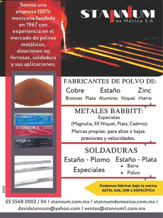 Polvo de Cobre, de Estaño, de Zinc. Polvos: Bronces, Plata, Aluminio, Niquel, Hierro, Soldaduras y sus aplicaciones. Metales Babbit. Fabricamos Bajo Normas ASTM,SAE,DIN o Especifica. Metalurgia. Polvo de Cobre, de Estaño, de Zinc. Polvos: Bronces, Plata, Aluminio, Niquel, Hierro, Soldaduras y sus aplicaciones. Metales Babbit. Fabricamos Bajo Normas ASTM,SAE,DIN o Especifica. Metalurgia.