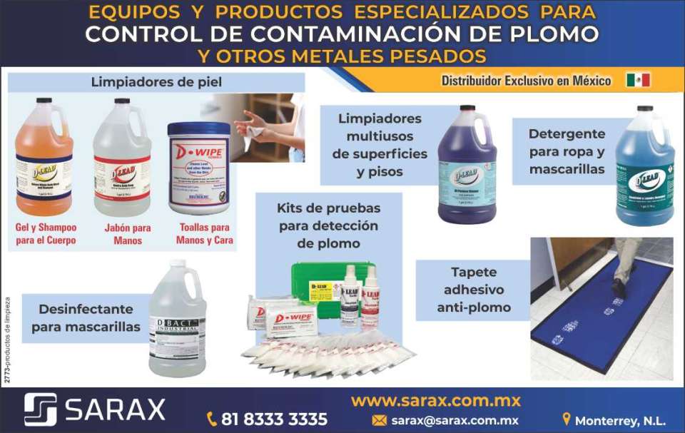 Equipos y Productos Especializados para Control de Contaminacion de Plomo y otros Metales Pesados. Limpiadores de Piel, Limpiadores multiusos de superficies y pisos, Detergente para ropa y marcarillas Equipos y Productos Especializados para Control de Contaminacion de Plomo y otros Metales Pesados. Limpiadores de Piel, Limpiadores multiusos de superficies y pisos, Detergente para ropa y marcarillas