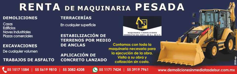 Demoliciones, Excavaciones, Terracerias, Trabajos de Asfalto, Estabilizacion de Terrenos, Aplicacion de Concreto Lanzado. Renta de Maquinaria Pesada, Retiro de Escombro, Transporte de Equipo. MDI