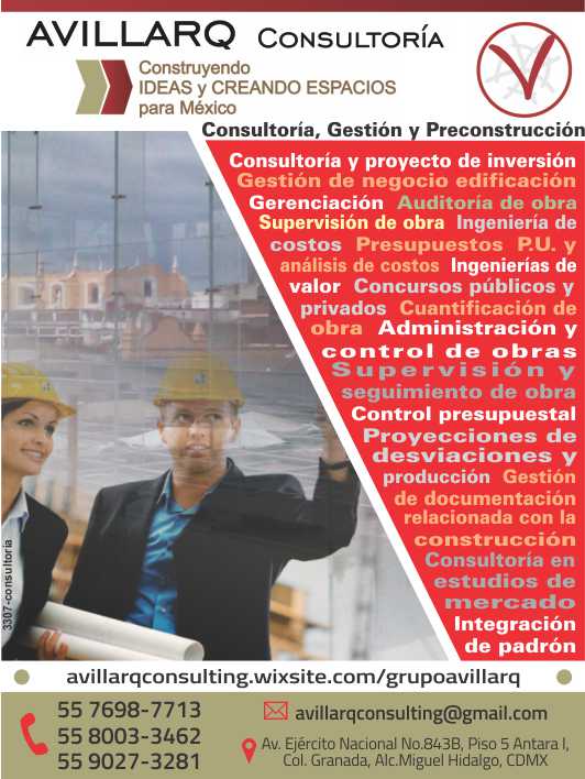 Consultoria y proyecto de invesion, Gestion de negocio edificacion, Gerenciacion, Auditoria de obra, Supervision de Obra, Ingenieria de Costos, Presupuestos P.U. y Analisis de Costos, Concursos.