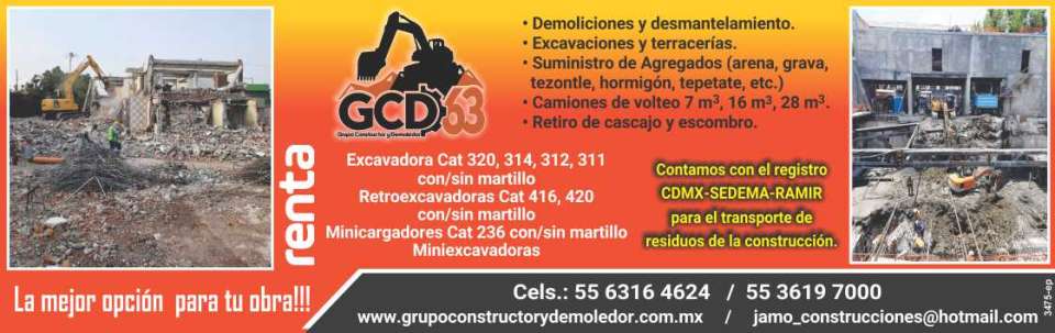 Excavadoras, Retroexcavadoras, Minicargadores, Miniexcavadoras. Demoliciones, Desmantelamientos, Excavaciones y Terracerias. Agregados. Registro CDMX-SEDEMA- RAMIR, para el Transporte de Residuos. Excavadoras, Retroexcavadoras, Minicargadores, Miniexcavadoras. Demoliciones, Desmantelamientos, Excavaciones y Terracerias. Agregados. Registro CDMX-SEDEMA- RAMIR, para el Transporte de Residuos.