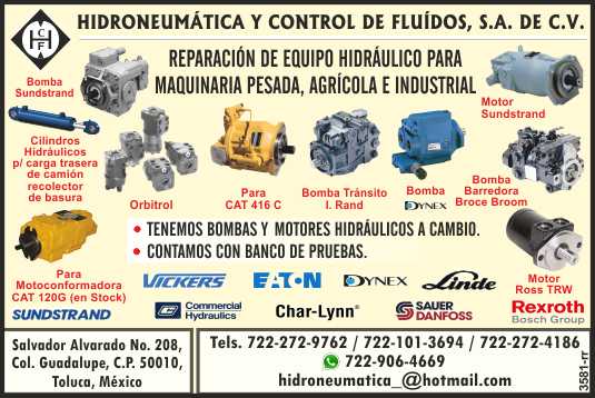 Hidroneumatica y Control de Fluidos Reparacion de equipo hidraulico para maquinaria pesada, cilindros hidraulicos, bombas de pistones, paletas y engranes. Hidroneumatica y Control de Fluidos Reparacion de equipo hidraulico para maquinaria pesada, cilindros hidraulicos, bombas de pistones, paletas y engranes.