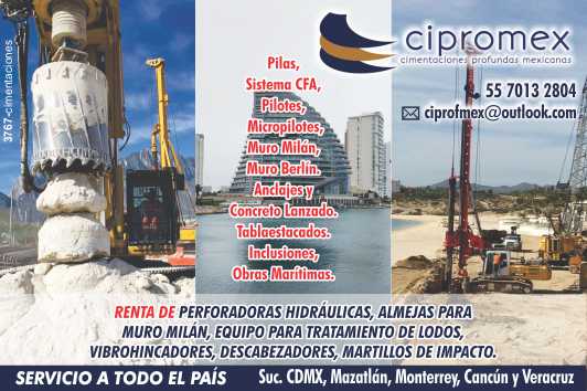 Pilotes, Micropilotes, Muro Milan y Berlin, Anclajes y Concreto Lanzado, Tablaestacados. Inclusiones, Obras Maritimas. Renta de Perforadoras. Suc. Mazatlan, Monterrey y Cancun y Veracruz. Pilotes, Micropilotes, Muro Milan y Berlin, Anclajes y Concreto Lanzado, Tablaestacados. Inclusiones, Obras Maritimas. Renta de Perforadoras. Suc. Mazatlan, Monterrey y Cancun y Veracruz.