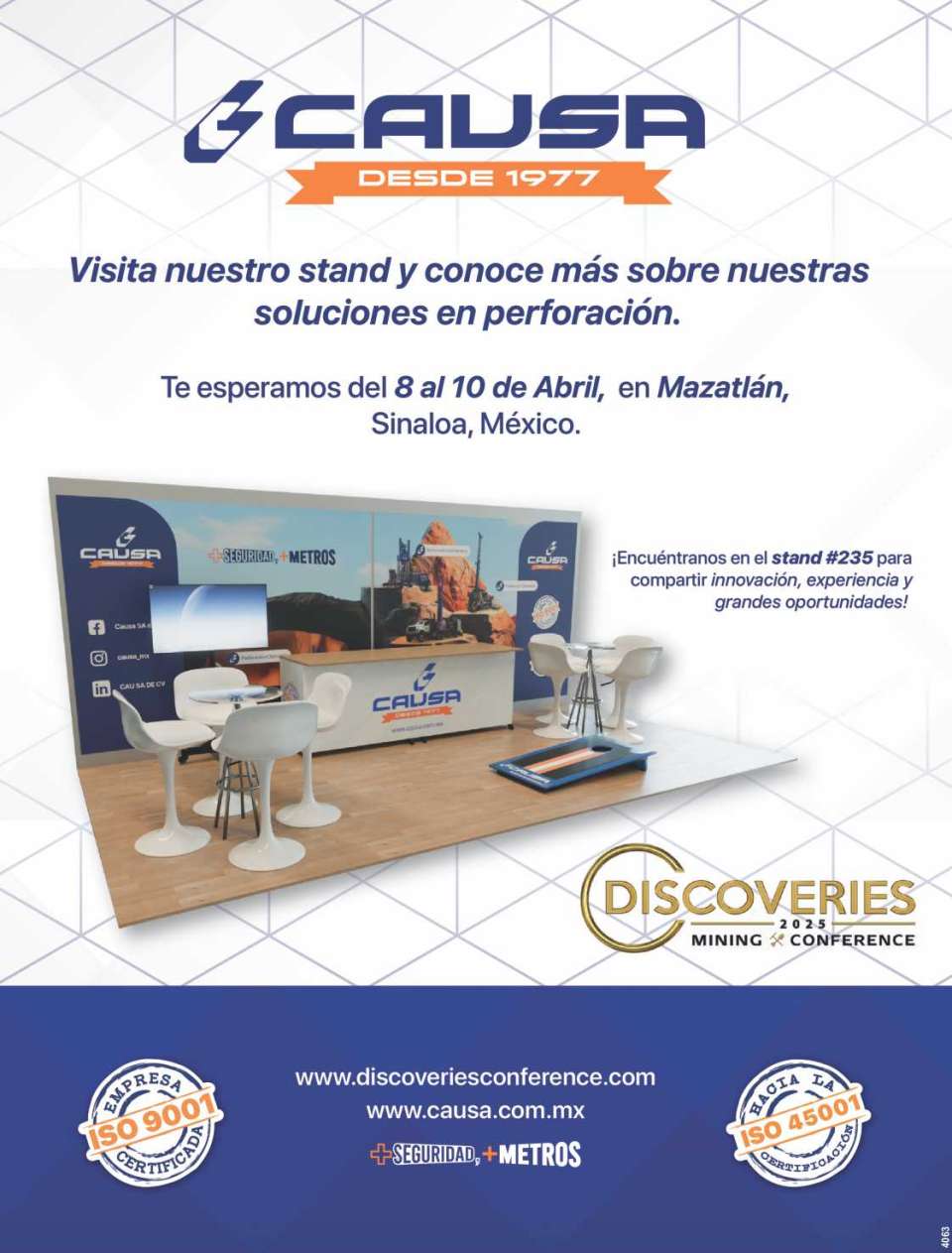 Perforaciones Minera y de Pozos. Visita nuestro stand y conoce mas sobre nuestras soluciones en perforacion. Te esperamos en DISCOVERIES 2025 del 8 al 10 de Abril, en Mazatlan, Sinaloa, Mex. STAND 235 Perforaciones Minera y de Pozos. Visita nuestro stand y conoce mas sobre nuestras soluciones en perforacion. Te esperamos en DISCOVERIES 2025 del 8 al 10 de Abril, en Mazatlan, Sinaloa, Mex. STAND 235