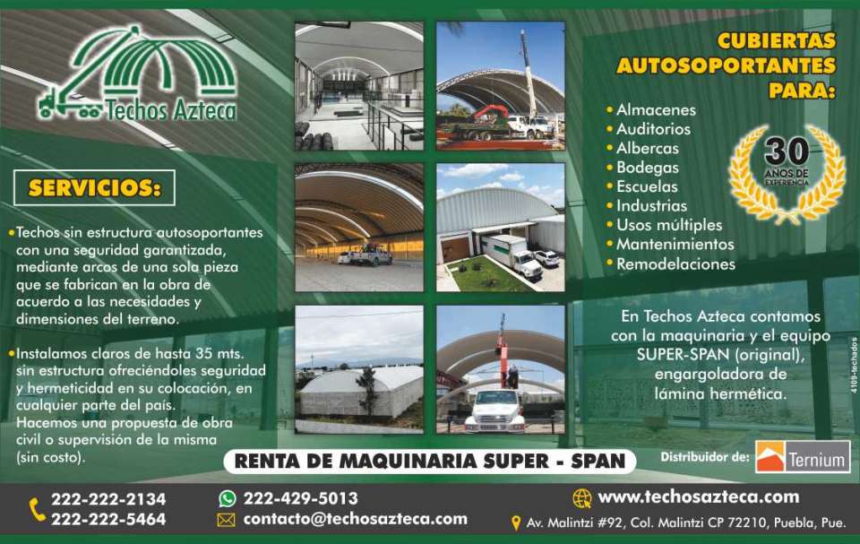 Cubiertas autosoportantes para almacenes, auditorios, albercas, bodegas Instalamos claros de hasta 35 mts. sin estructura, ofreciendoles seguridad y hermeticidad en su colocacion