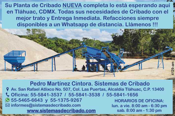 Su Planta de Cribado NUEVA completa lo esta esperando en Tlahuac CDMX. Todas sus necesidades de Cribado con el mejor trato y entrega inmediata. Refacciones siempre disponibles a un Whatsapp. Su Planta de Cribado NUEVA completa lo esta esperando en Tlahuac CDMX. Todas sus necesidades de Cribado con el mejor trato y entrega inmediata. Refacciones siempre disponibles a un Whatsapp.
