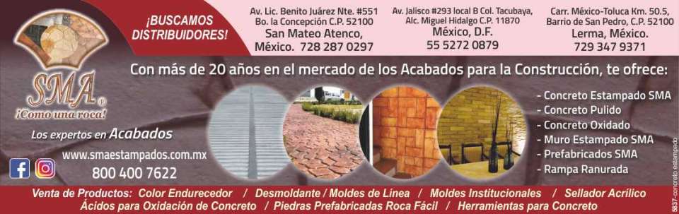 SMA stamped concrete like a rock. We supply the entire Mexican Republic, mold release hardener, sealant, tools, molds, etc. The experts in finishes. SMA stamped concrete like a rock. We supply the entire Mexican Republic, mold release hardener, sealant, tools, molds, etc. The experts in finishes.