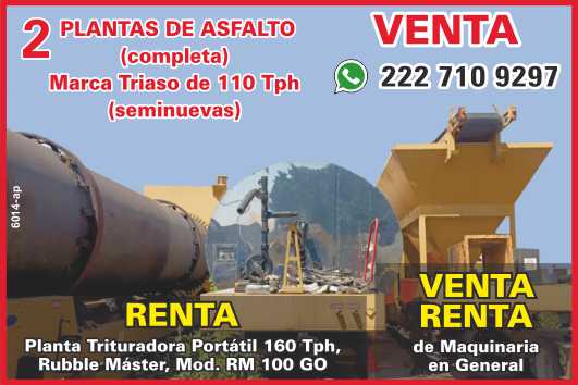 VENDO 2 Plantas de Asfalto (completa) marca Triaso de 110 Tph (seminuevas). RENTA Planta Trituradora portatil 160 Tph, RUBBLE Master, mod. RM 100 GO. VENTA-RENTA de Maquinaria en General. VENDO 2 Plantas de Asfalto (completa) marca Triaso de 110 Tph (seminuevas). RENTA Planta Trituradora portatil 160 Tph, RUBBLE Master, mod. RM 100 GO. VENTA-RENTA de Maquinaria en General.