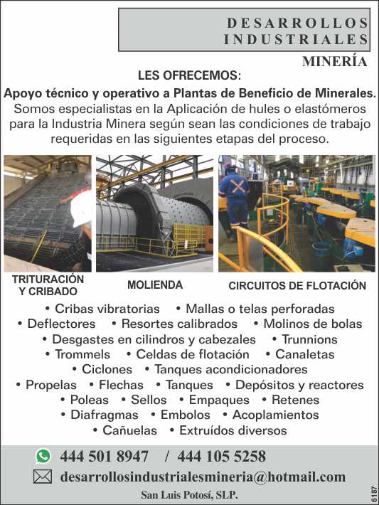 Apoyo tecnico y operativo a plantas de beneficio de minerales, especialistas en la aplicacion de hules y elastomeros para la industria minera Apoyo tecnico y operativo a plantas de beneficio de minerales, especialistas en la aplicacion de hules y elastomeros para la industria minera