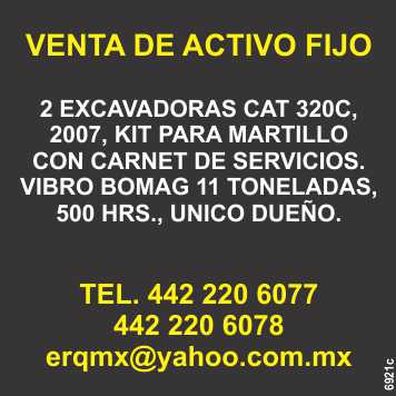 Venta de activo fijo, 2 excavadoras Cat con kit para martillo, 1 vibrocompactador Bomag Venta de activo fijo, 2 excavadoras Cat con kit para martillo, 1 vibrocompactador Bomag