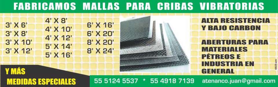 Fabricamos mallas para cribas vibratorias de alta resistencia y bajo carbon, aberturas para materiales petreos e industria en general. Fabricamos mallas para cribas vibratorias de alta resistencia y bajo carbon, aberturas para materiales petreos e industria en general.