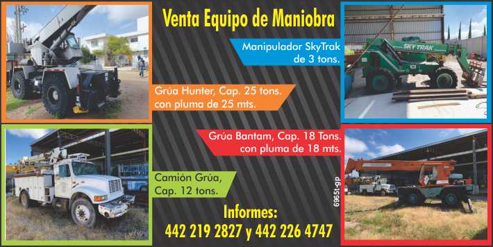 Venta equipo de Maniobra, Manipulador Sky Track de 3 tons, Grua Hunter 25 tons. con pluma de 25 mts., Grua Bantam, cap. 18 tons. con pluma de 18 mts., Camion grua cap. 12 tons. Venta equipo de Maniobra, Manipulador Sky Track de 3 tons, Grua Hunter 25 tons. con pluma de 25 mts., Grua Bantam, cap. 18 tons. con pluma de 18 mts., Camion grua cap. 12 tons.