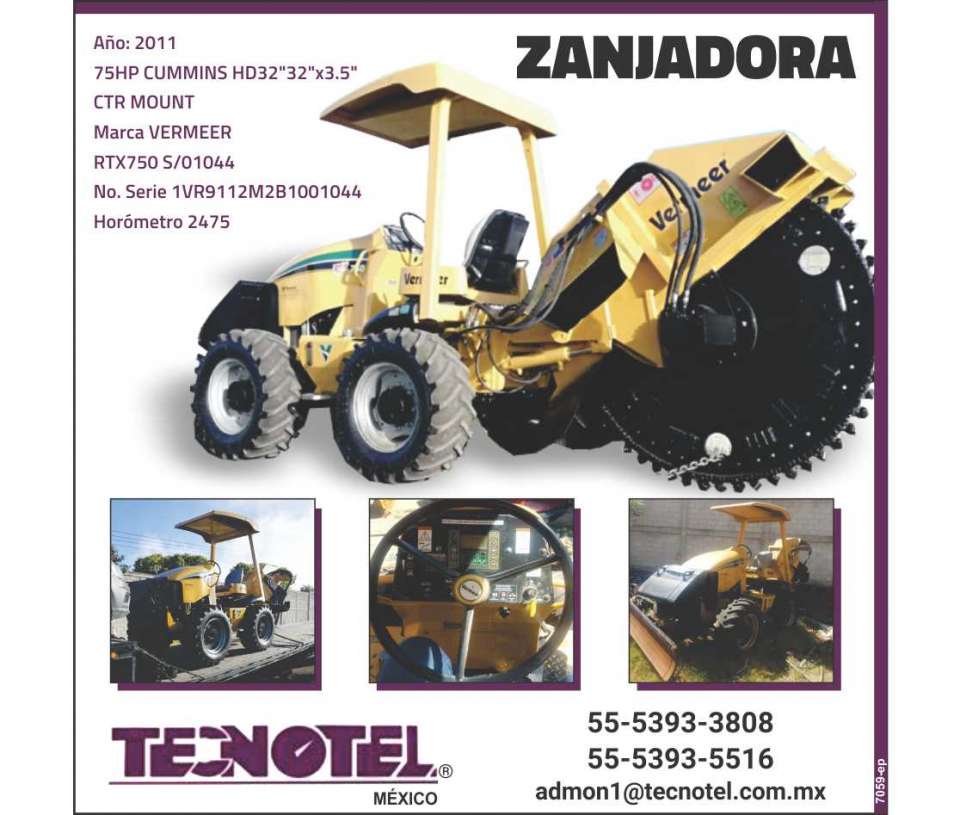 Vermeer Trencher, Year 2011, 75HP Cummins HD32 "32" x3.5 "CTR MOUNT, RTX750 S / 01044, Series: 1VR9112M2B1001044, Hour Meter 2475 Vermeer Trencher, Year 2011, 75HP Cummins HD32 "32" x3.5 "CTR MOUNT, RTX750 S / 01044, Series: 1VR9112M2B1001044, Hour Meter 2475