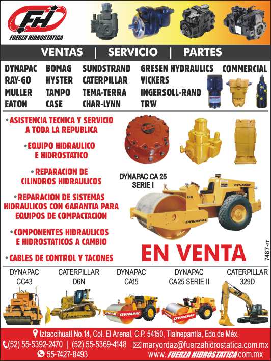 Sales, Service, Parts. Technical assistance and service throughout the Republic. Hydraulic and Hydrostatic Equipment. Repair of hydraulic cylinders. Control Cables and Heels. Sales, Service, Parts. Technical assistance and service throughout the Republic. Hydraulic and Hydrostatic Equipment. Repair of hydraulic cylinders. Control Cables and Heels.
