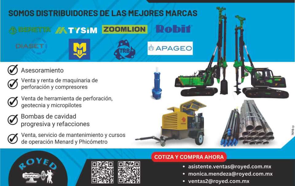 Consulting, sale and rental of drilling machinery and compressors, sale of drilling tools, geotechnics and micropiles, progressive cavity pumps and spare parts, operation courses Consulting, sale and rental of drilling machinery and compressors, sale of drilling tools, geotechnics and micropiles, progressive cavity pumps and spare parts, operation courses