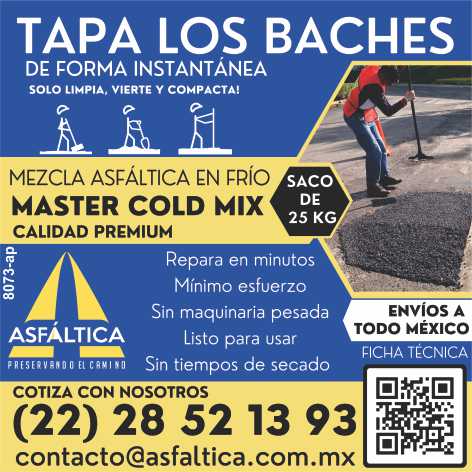 Master Cold Mix, Calidad Premiun. Saco de 25 kg. Tapa los Baches de Forma Instantanea. Minimo Esfuerzo, Sin Maquinaria Pesada, Listo para Usar, Sin tiempos de secado. Envios a todo Mexico Master Cold Mix, Calidad Premiun. Saco de 25 kg. Tapa los Baches de Forma Instantanea. Minimo Esfuerzo, Sin Maquinaria Pesada, Listo para Usar, Sin tiempos de secado. Envios a todo Mexico