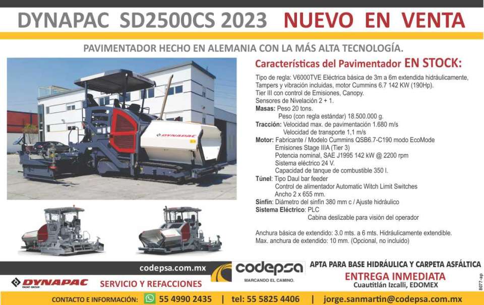 Pavimentador hecho en Alemania con la mas alta Tecnologia. Dynapac SD2500CS 2023 NUEVO EN VENTA ! ¡ENTREGA INMEDIATA! Pavimentador hecho en Alemania con la mas alta Tecnologia. Dynapac SD2500CS 2023 NUEVO EN VENTA ! ¡ENTREGA INMEDIATA!
