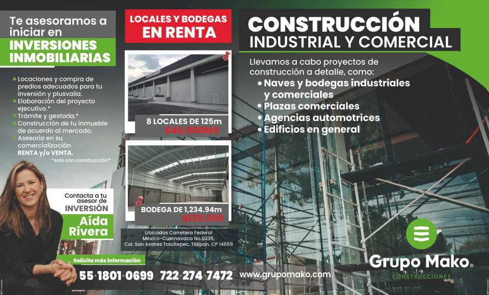 Construction, sale and rental of industrial and commercial warehouses and warehouses.We carry out detailed construction projects, shopping plazas, automotive agencies, warehouses, buildings in general Construction, sale and rental of industrial and commercial warehouses and warehouses.We carry out detailed construction projects, shopping plazas, automotive agencies, warehouses, buildings in general