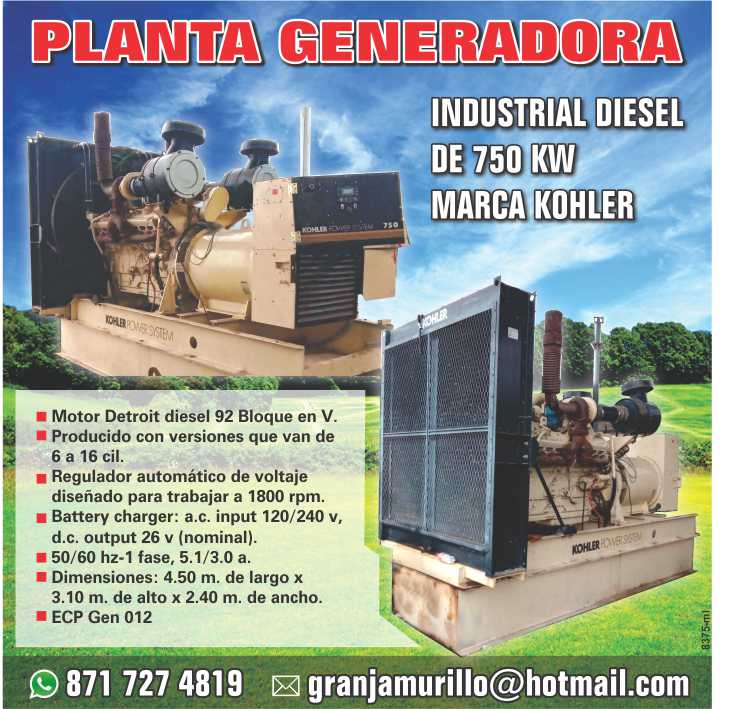 Planta generadora industrial diesel de 750 KW, marca Kohler, motor Detroit Diesel 92 bloque en V, producido con versiones que van de 6 a 16 cil. regulador automatico de voltaje Planta generadora industrial diesel de 750 KW, marca Kohler, motor Detroit Diesel 92 bloque en V, producido con versiones que van de 6 a 16 cil. regulador automatico de voltaje
