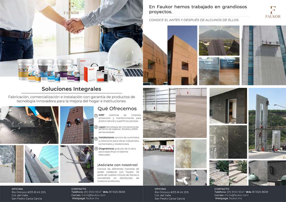 1) WBT Sistemas de limpieza, proteccion y mantenimiento para piedra natural y superficies porosas. 2) Layon tecnologia de microcemento. 3) Instalaciones, suministro y colocacion. 4) Diagnostico 1) WBT Sistemas de limpieza, proteccion y mantenimiento para piedra natural y superficies porosas. 2) Layon tecnologia de microcemento. 3) Instalaciones, suministro y colocacion. 4) Diagnostico