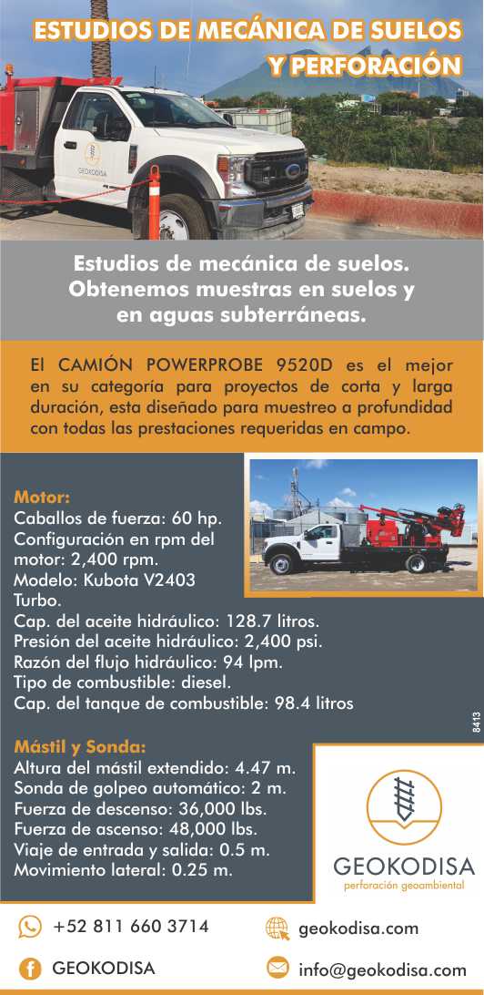 Obtenemos muestras en suelos y en aguas subterraneas. El Camion Powerprobe 9520D, esta diseñado para muestreo a profundidad, con todas las prestaciones requeridas en campo. Obtenemos muestras en suelos y en aguas subterraneas. El Camion Powerprobe 9520D, esta diseñado para muestreo a profundidad, con todas las prestaciones requeridas en campo.
