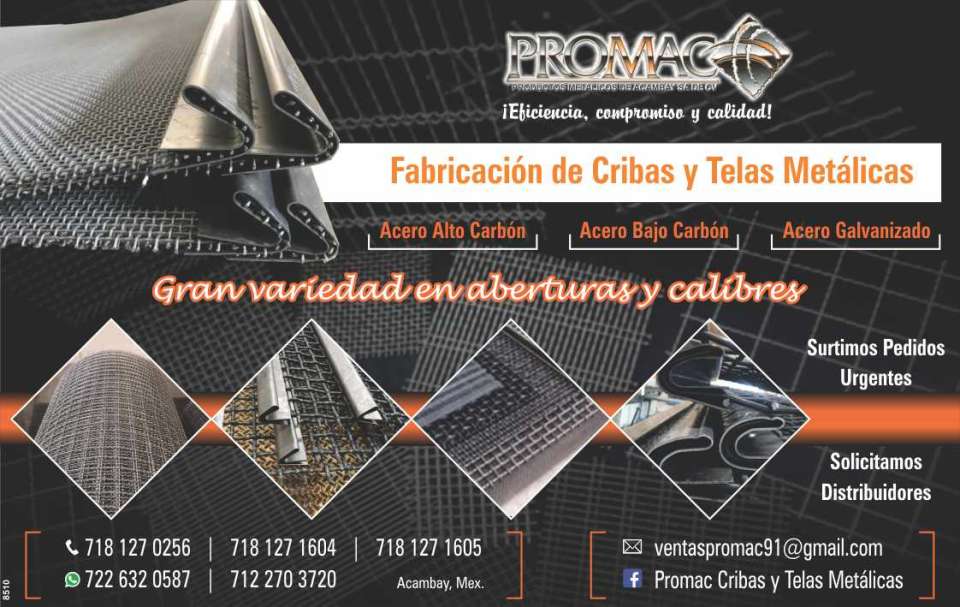 Metallic Screen and Fabrics Manufacturing, High Carbon Steel, Low Carbon Steel, Galvanized Steel. Great Variety in openings and calibres. We supply Urgent Orders . We request Distributors. Metallic Screen and Fabrics Manufacturing, High Carbon Steel, Low Carbon Steel, Galvanized Steel. Great Variety in openings and calibres. We supply Urgent Orders . We request Distributors.