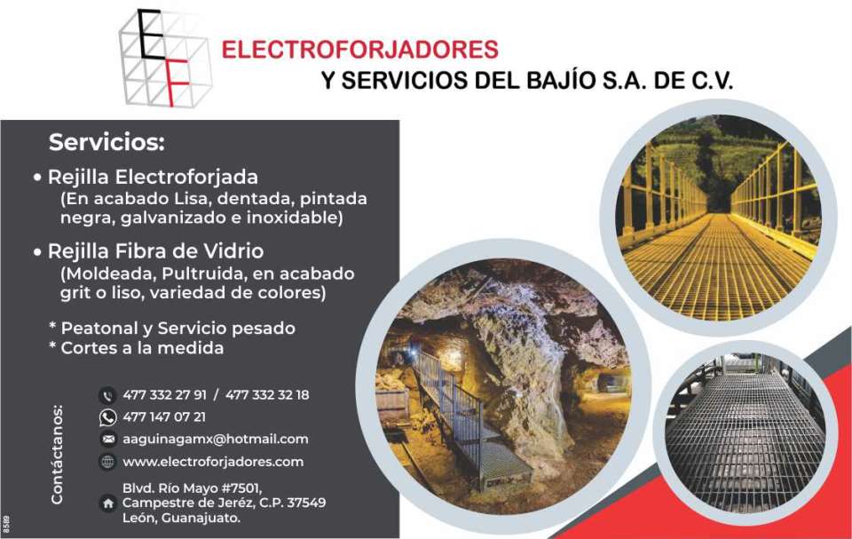 Rejilla electroforjada en acabado lisa, dentada, pintada negra, galvanizado e inoxidable. Rejilla fibra de vidrio, moldeada, pultruida en acabado grit o liso, peatonal o servicio pesado Rejilla electroforjada en acabado lisa, dentada, pintada negra, galvanizado e inoxidable. Rejilla fibra de vidrio, moldeada, pultruida en acabado grit o liso, peatonal o servicio pesado
