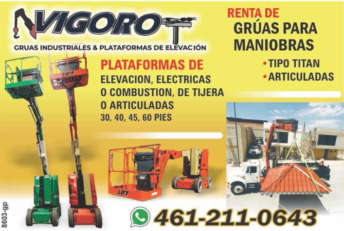 Renta de Gruas para Maniobras tipo Titan, Articuladas. Plataformas de Elevacion, Electricas o Combustion, de Tijera o Articuladas de 30, 40, 45, 60 pies. Renta de Gruas para Maniobras tipo Titan, Articuladas. Plataformas de Elevacion, Electricas o Combustion, de Tijera o Articuladas de 30, 40, 45, 60 pies.