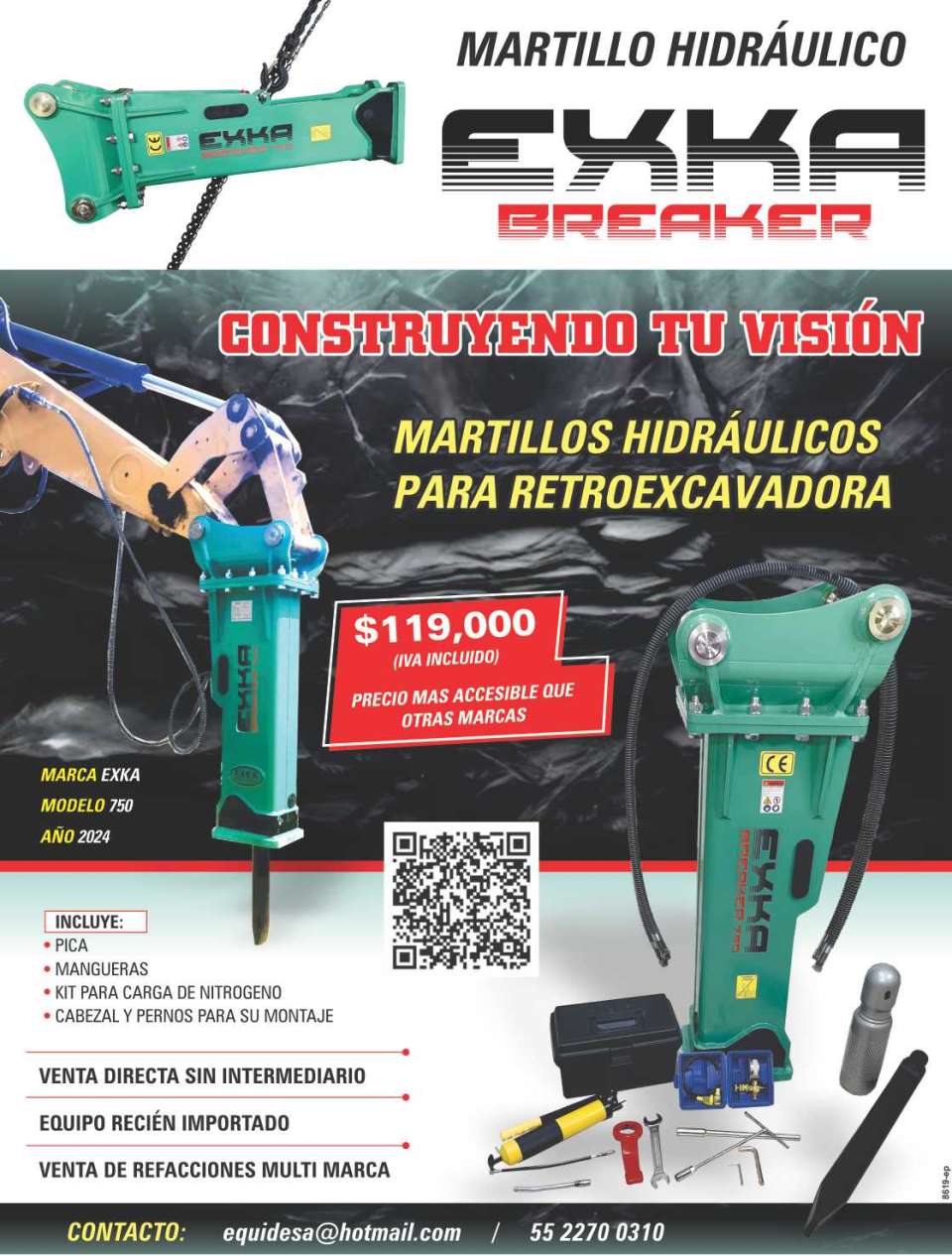 Martillos hidraulicos para Retro Excavadora $119,000 (IVA incluido) Incluye: *Pica *Mangueras *Kit para carga de nitrogeno *Cabezal y pernos para su montaje Venta directa sin intermediario. Martillos hidraulicos para Retro Excavadora $119,000 (IVA incluido) Incluye: *Pica *Mangueras *Kit para carga de nitrogeno *Cabezal y pernos para su montaje Venta directa sin intermediario.