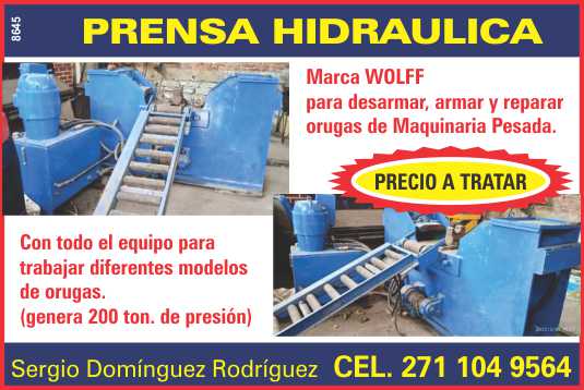 Prensa hidraulica marca Wolff, para desarmar, armar y reparar orugas de maquinaria pesada Prensa hidraulica marca Wolff, para desarmar, armar y reparar orugas de maquinaria pesada