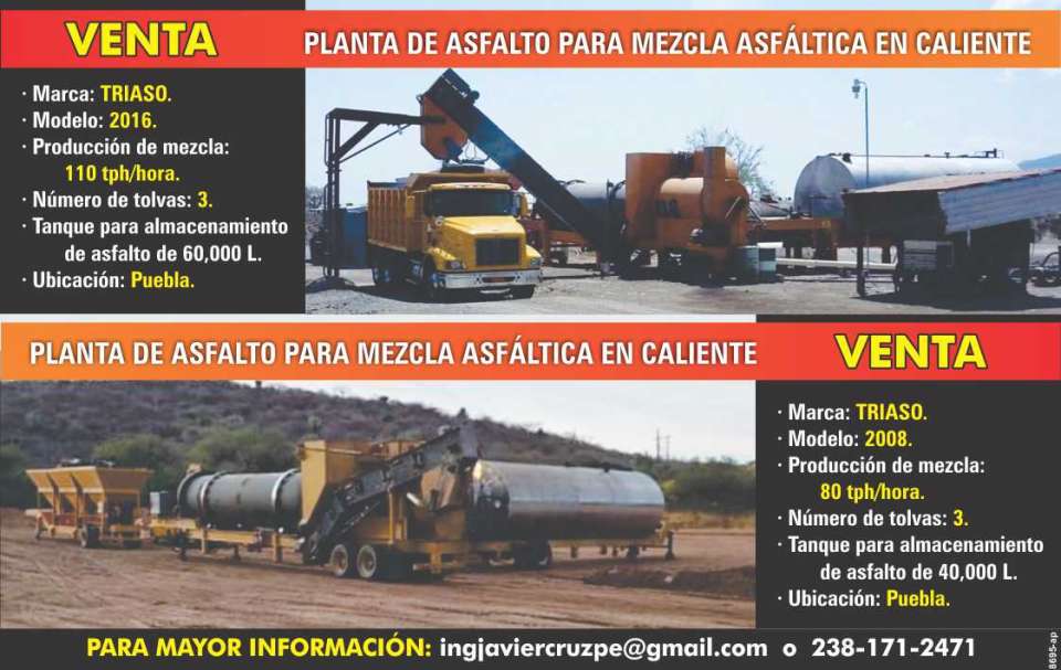 Venta Planta de asfalto para mezcla asfaltica caliente: Triaso, Modelo: 2008 y 2016, Numero de tolvas: 3, Tanque para almacenamiento de asfalto de 40,000 y 60,000 L. Ubicacion: Puebla Venta Planta de asfalto para mezcla asfaltica caliente: Triaso, Modelo: 2008 y 2016, Numero de tolvas: 3, Tanque para almacenamiento de asfalto de 40,000 y 60,000 L. Ubicacion: Puebla