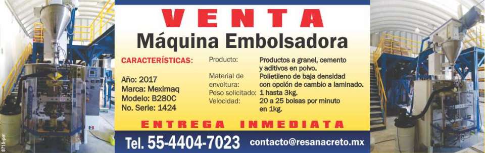 MAQUINA EMBOLSADORA Meximaq. Año 2017, modelo B280C, Serie 1424. Productos a granel, cemento y aditivos en polvo. Material de Envoltura: Polietileno de baja densidad con opcion de cambio a laminado. MAQUINA EMBOLSADORA Meximaq. Año 2017, modelo B280C, Serie 1424. Productos a granel, cemento y aditivos en polvo. Material de Envoltura: Polietileno de baja densidad con opcion de cambio a laminado.