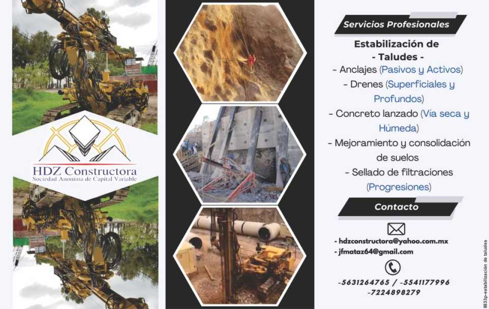 Passive and Active Anchors, Drains (Surface and Deep). Shotcrete (Dry and Wet Method). Soil Improvement and Consolidation. Sealing of leaks (Progressions) Passive and Active Anchors, Drains (Surface and Deep). Shotcrete (Dry and Wet Method). Soil Improvement and Consolidation. Sealing of leaks (Progressions)