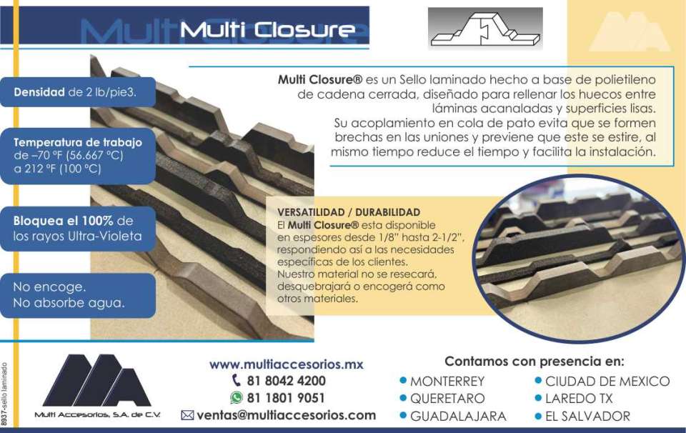 Sello laminado hecho a base de polietileno de cadena cerrada, diseñado para rellenar huecos entre laminas acanaladas y superficies lisas. Versatilidad y durabilidad Sello laminado hecho a base de polietileno de cadena cerrada, diseñado para rellenar huecos entre laminas acanaladas y superficies lisas. Versatilidad y durabilidad