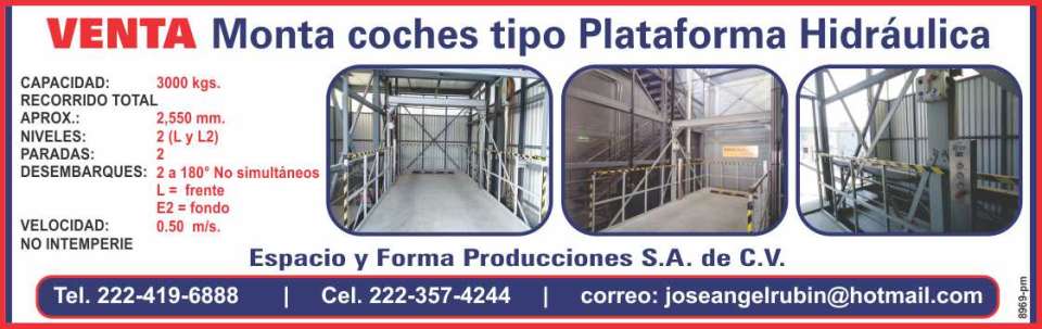 Venta de monta coches tipo plataforma hidraulica, capacidad 3,000 Kg. Venta de monta coches tipo plataforma hidraulica, capacidad 3,000 Kg.
