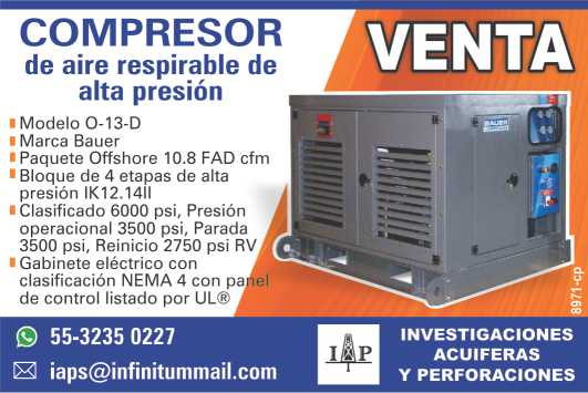 En Venta Compresor de Aire respirbale de alta presion. Modelo 0-13-D, marca Bauer, Paquete Offshore, Bloque de 4 etapas de alta presion, Gabinete electrico NEMA 4, con panel de control. IAP