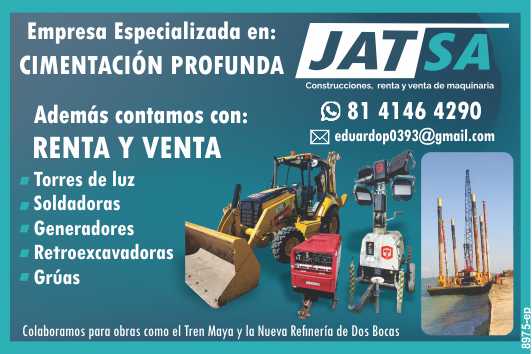 Cimentaciones Profundas, Renta y Venta de Torres de Luz, Soldadoras, Generadores, Retroexcavadoras, Gruas, etc. Colaboramos para obras como el Tren Maya y la Nueva Refineria de Dos Bocas.