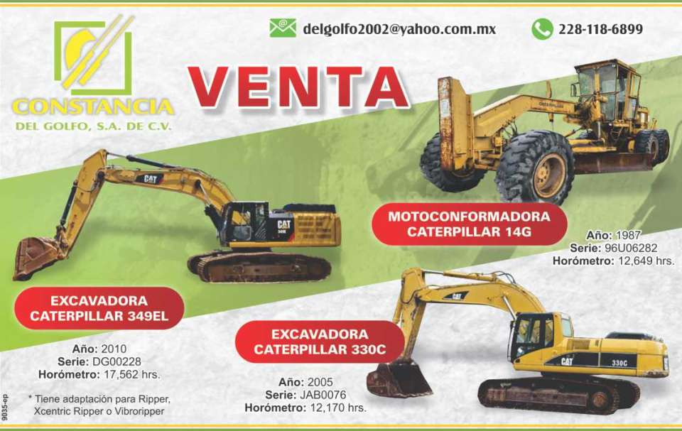 Venta Excavadora Caterpillar 349EL, Excavadora Caterpillar 330C, Motoconformadora Caterpillar 14G